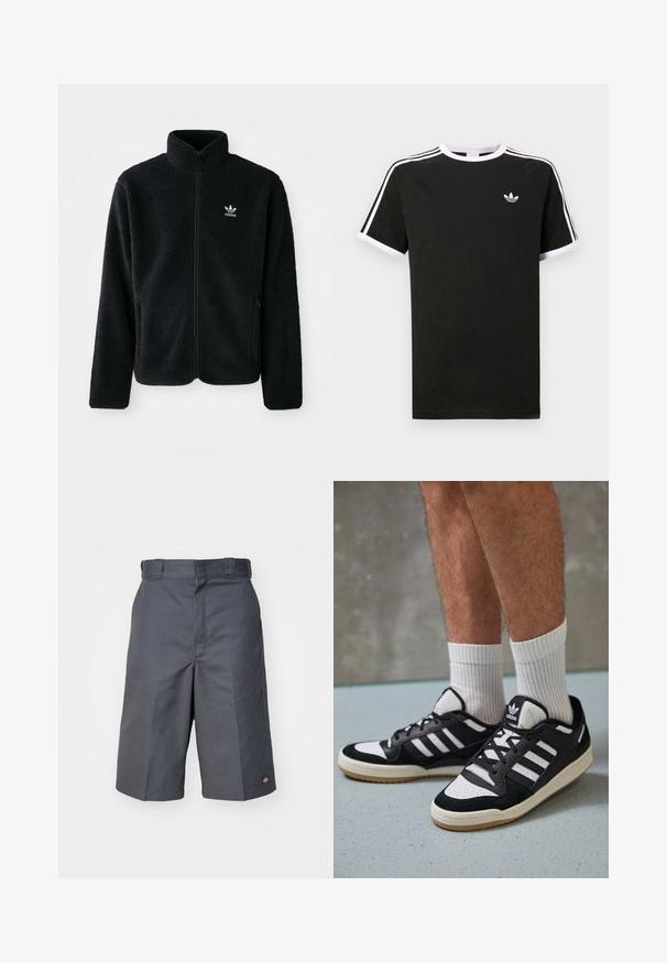 Sort fleecejakke med høj krave, lynlås foran og frontlommer. Har tekstureret stof og lille hvidt logo på venstre bryst.; Sort t-shirt lavet af bomuld med hvide accenter. Har korte ærmer, raglan-design og et lille logo på brystet. Tre hvide striber på skuldrene.; Grå shorts lavet af slidstærkt stof, med lige snit, to sidelommer og et lille logo på baglommen.; Sorte og hvide sneakers med en overdel i ruskind og læder, der har tre hvide striber, en perforeret tå og en sål i gummigummi.
