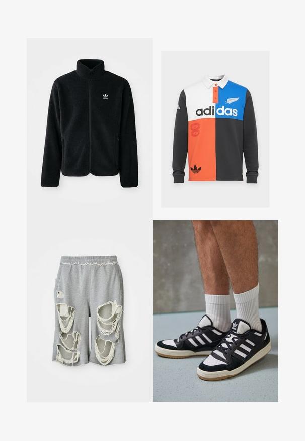 Veste en polaire noire avec col haut, fermeture éclair à l'avant et poches перед тобой. Présente un tissu texturé et un petit logo blanc sur la poitrine gauche.; Polo shirt à manches longues en blocs de couleur noir, blanc, orange et bleu, avec un col, une patte de boutonnage et un logo Adidas bien visible.; Shorts en coton gris avec de grands trous effilochés et des bords déchirés. Dotés d'une taille élastique et d'une coupe décontractée.; Baskets noir et blanc avec une tige en suède et cuir, comportant trois rayures blanches, un bout perforé et une semelle en caoutchouc gum.