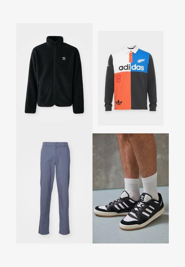Casaco de fleece preto com gola alta, fecho de correr à frente e bolsos frontais. Apresenta um tecido texturizado e um pequeno logo branco no lado esquerdo do peito.; Polo de manga longa em cores bloqueadas nas cores preto, branco, laranja e azul, com colarinho, pala com botões e com uma marcação em destaque da Adidas.; Calças azuis de perna reta, feitas de tecido leve com uma textura suave, apresentando bolsos frontais e um fecho de botão na cintura.; Ténis em preto e branco com upper em camurça e couro, apresentando três riscas brancas, um toe perfurado e uma sola em borracha de goma.