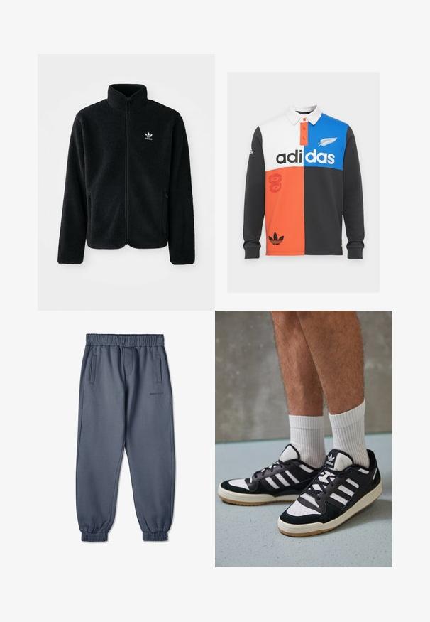 Black fleece jacket with high collar, zip front, and front pockets. Features textured fabric and small white logo on left chest.; Color-blocked long-sleeve polo shirt in black, white, orange, and blue, with a collar, button placket, and prominent Adidas branding.; Pegador LOGO JOGGER - Tracksuit bottoms - vintage shadow blue; Black and white sneakers with a suede and leather upper, featuring three white stripes, a perforated toe, and a gum rubber sole.