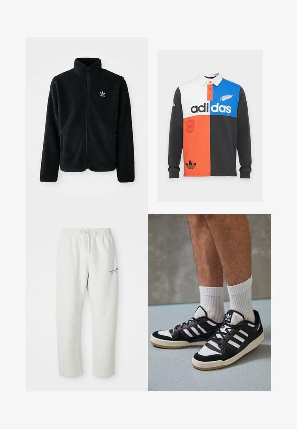 Black fleece jacket with high collar, zip front, and front pockets. Features textured fabric and small white logo on left chest.; Color-blocked long-sleeve polo shirt in black, white, orange, and blue, with a collar, button placket, and prominent Adidas branding.; Light grey sweatpants made of soft fabric, featuring an elastic waistband with drawstring and a small logo detail on the left thigh.; Black and white sneakers with a suede and leather upper, featuring three white stripes, a perforated toe, and a gum rubber sole.