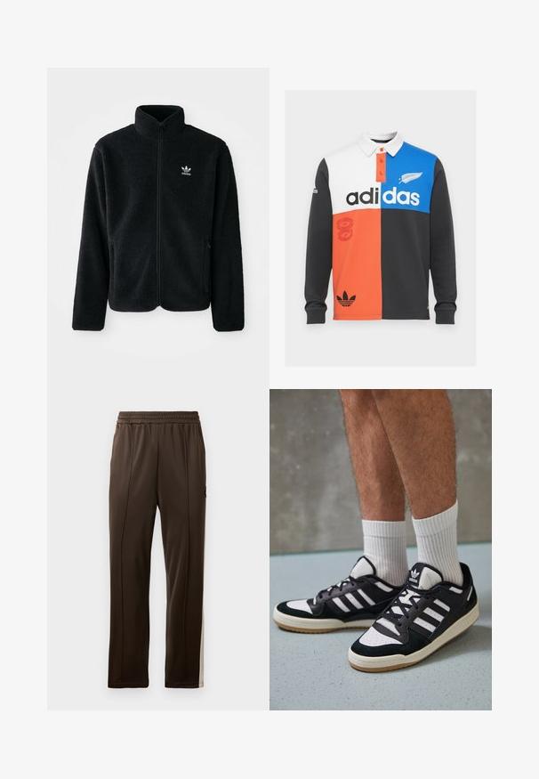 Fekete bolyhos dzseki magas gallérral, cipzáros elejével és elülső zsebeivel. Texturált anyaga és kis fehér logója van a bal mellen.; Fekete, fehér, narancs és kék színben színblokkolt hosszú ujjú polo póló, gallérral, gombos légúttal és hangsúlyos Adidas márkajelzéssel.; Barna sportnadrág, rugalmas derékkel, oldalsó csíkok világosabb árnyalatban, és zseb, amelyen egy kis logó dísz található. Simaszerű textúra.; Fekete-fehér tornacipők velúr és bőr felsőrésszel, három fehér csíkkal, perforált orral és gumi talppal.