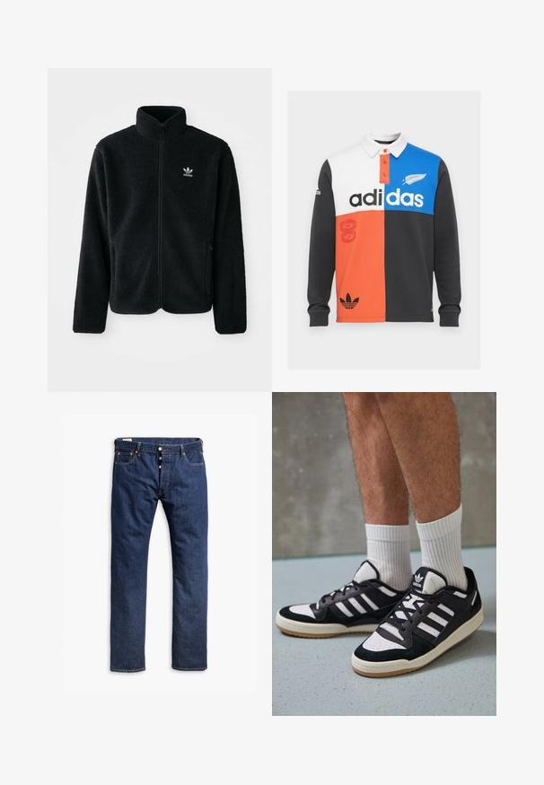 Chupa de forro polar negro con cuello alto, cierre frontal y bolsillos delanteros. Presenta tela texturizada y un pequeño logo blanco en el lado izquierdo del pecho.; Polo de manga larga con bloques de color en negro, blanco, naranja y azul, con cuello, tapa de botones y una destacada marca de Adidas.; Jeans de mezclilla azul oscuro con un diseño de pierna recta, costuras en contraste, cierre de botón y estilo de cinco bolsillos.; Zapatillas en blanco y negro con parte superior de ante y cuero, que presentan tres franjas blancas, una puntera perforada y una suela de goma.