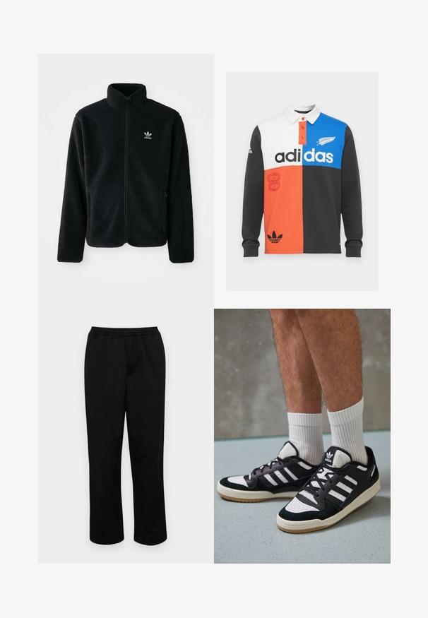 Czarna polarowa kurtka z wysokim kołnierzem, zamek z przodu i kieszeniami z przodu. Posiada teksturowany materiał i małe białe logo na lewej piersi.; Dwukolorowa koszulka polo z długim rękawem w kolorach czarnym, białym, pomarańczowym i niebieskim, z kołnierzykiem, zapięciem na guziki i wyraźnym logo Adidas.; Czarne, spodenki o średniej długości z elastycznym pasem. Wykonane z gładkiego materiału, charakteryzują się luźnym krojem i brakiem widocznych kieszeni lub ozdób.; Czarno-białe sneakersy z zamszową i skórzaną cholewką, z trzema białymi paskami, perforowanym czubkiem i gumową podeszwą w kolorze gumy.