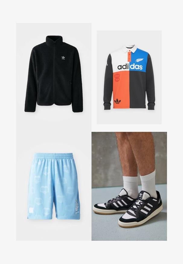 Sort fleecejakke med høj krave, lynlås foran og frontlommer. Har tekstureret stof og lille hvidt logo på venstre bryst.; Farvet opdelt langærmet polo shirt i sort, hvid, orange og blå, med krave, knaplukning og fremtrædende Adidas branding.; Lysblå atletikshorts lavet af glat stof, med et subtilt mønster, en elastisk talje og trykte logo detaljer på det ene ben.; Sorte og hvide sneakers med en overdel i ruskind og læder, der har tre hvide striber, en perforeret tå og en sål i gummigummi.