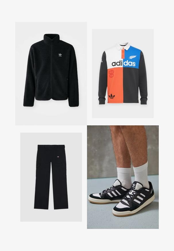Fekete bolyhos dzseki magas gallérral, cipzáros elejével és elülső zsebeivel. Texturált anyaga és kis fehér logója van a bal mellen.; Fekete, fehér, narancs és kék színben színblokkolt hosszú ujjú polo póló, gallérral, gombos légúttal és hangsúlyos Adidas márkajelzéssel.; Fekete vászon cargo nadrág, több zsebbel, sima textúrával és logóval ellátott folttal a hátsó jobb zsebben.; Fekete-fehér tornacipők velúr és bőr felsőrésszel, három fehér csíkkal, perforált orral és gumi talppal.