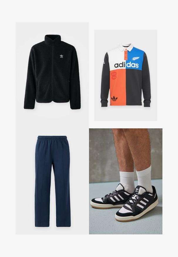 Svart fleecejakke med høy krage, glidelås foran og frontlommer. Har strukturert stoff og liten hvit logo på venstre bryst.; Fargeblokkert langermet polo skjorte i svart, hvit, oransje og blå, med krage, knappestolpe og fremtredende Adidas-merke.; Marineblå bukser med elastisk talje, i en afslappet pasform. Har vertikale syninger og blødt bomuldsstof.; Sorte og hvite sneakers med overdel i semsket skinn og lær, med tre hvite striper, perforert tå og en såle av gummi.