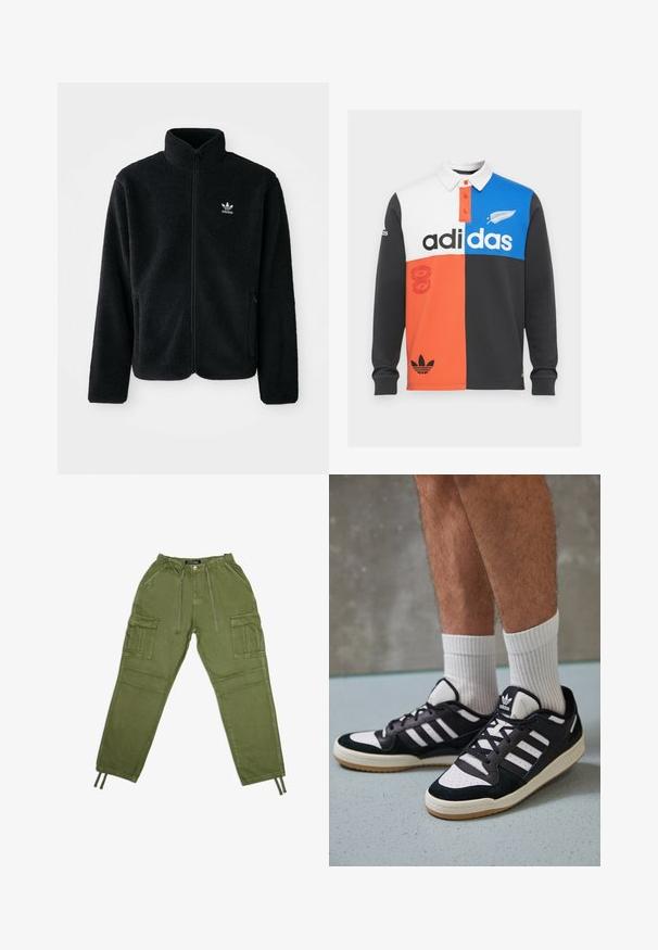 Črna flis jakna z visokim ovratnikom, z zadrgo spredaj in sprednjimi žepi. Ima strukturno blago in majhno belo logo na levi strani prsnega koša.; Barvni blokirani dolgi rokav polo majica v črni, beli, oranžni in modri barvi, z ovratnikom, gumbnim zapiranjem in opaznim Adidasovim logotipom.; Oljno zeleni cargo hlače iz lahkega materiala, z elastičnim pasom, vrvico in več stranskimi žepi.; Črno-bele superge z zgornjim delom iz usnja in nubuka, ki imajo tri bele črte, perforiran vrh prstov in podplat iz gume.