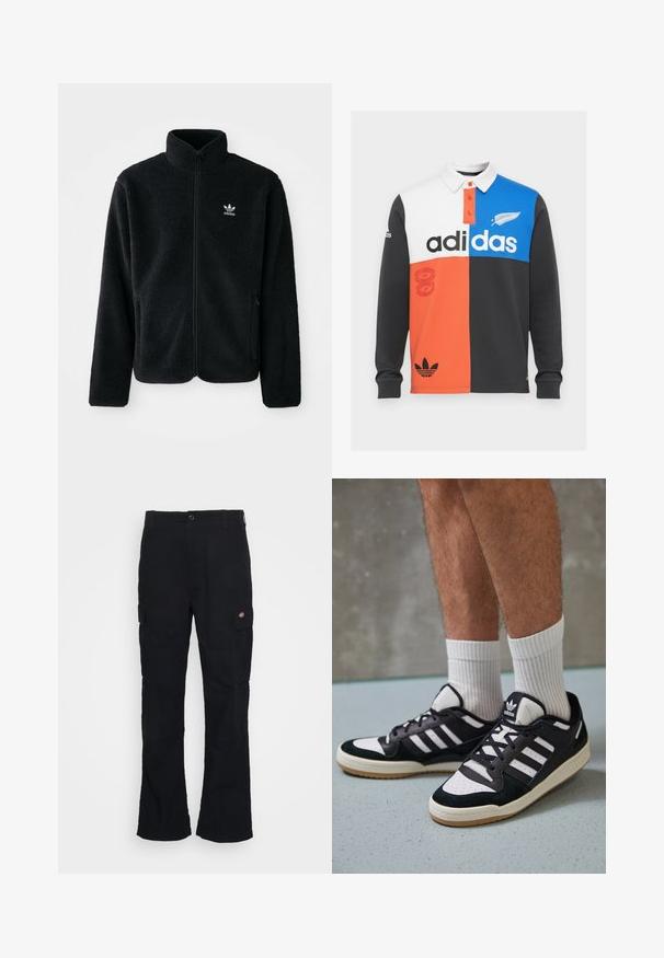 Črna flis jakna z visokim ovratnikom, z zadrgo spredaj in sprednjimi žepi. Ima strukturno blago in majhno belo logo na levi strani prsnega koša.; Barvni blokirani dolgi rokav polo majica v črni, beli, oranžni in modri barvi, z ovratnikom, gumbnim zapiranjem in opaznim Adidasovim logotipom.; Črne cargo hlače s ravnim krojem, izdelane iz trpežnega materiala, z stranskimi žepi in našitim logotipom na levi strani.; Črno-bele superge z zgornjim delom iz usnja in nubuka, ki imajo tri bele črte, perforiran vrh prstov in podplat iz gume.