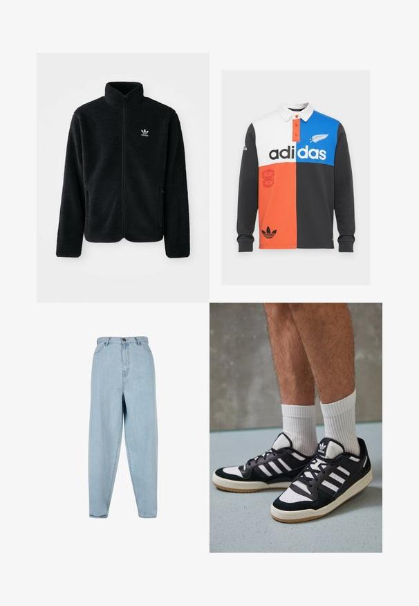 Melns flīsa mētelis ar augstu apkakli, ar rāvējslēdzēju priekšā un priekšējiem kabatām. Iezīmē ar teksturētu audumu un mazu baltu logo uz kreisā krūtīm.; Krāsaini blokota garām piedurknēm polo krekls melnā, baltā, oranžā un zilā krāsā, ar apkakli, pogu aizdari un izteiksmīgu Adidas zīmolu.; Gaiši zili augsta jostasvieta džinsi ar brīvu piegriezumu. Iespējas ar priekšējo pogu, rāvējslēdzēju un piecu kabatu dizainu. Nedaudz izbalējusi auduma tekstūra.; Melnas un baltas kedas ar zamša un ādas augšdaļu, kas aprīkotas ar trim baltām svītrām, perforētu purngali un gumijas zolēm.