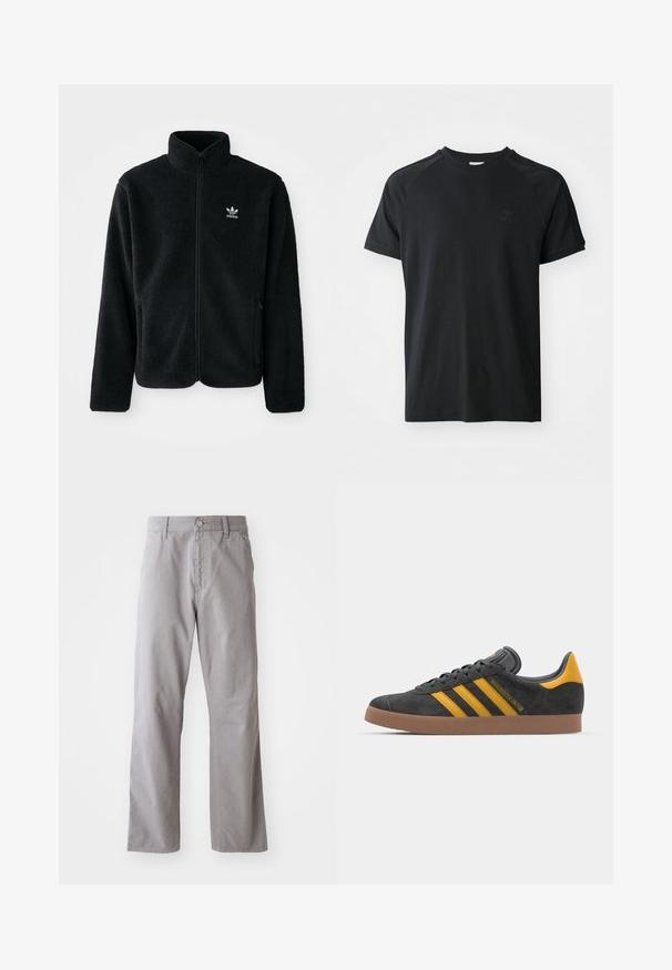 Must värviline fleecedee peasärk kõrge kraega, tõmblukuga esiosa ja esikotid. Omab tekstuuriga kangast ja väikest valget logo vasakul rinnal.; Musthave must värvi puuvillane T-särk ümarate kaelustega, lühikeste varrukatega ja raglan disainiga. Vasakul rinnal on tekstuuriga logo. Sile viimistlus.; Hallid puuvillased püksid otse lõikega, millel on ees nupp sulgemiseks ja vöörihmad. Sile tekstuur ja minimaalne detailide hulk.; Mustad sametist spordijalatsid kollaste aktsentidega, millel on kolm triipu ja pruun kummitald. Mugavuse tagamiseks on neil pehmendatud keele osa.