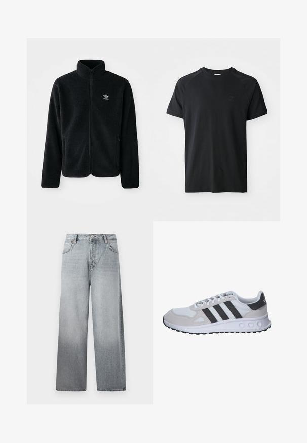Czarna polarowa kurtka z wysokim kołnierzem, zamek z przodu i kieszeniami z przodu. Posiada teksturowany materiał i małe białe logo na lewej piersi.; Czarna bawełniana koszulka z okrągłym dekoltem, krótkim rękawem i designem raglanowym. Posiada teksturowane logo po lewej stronie klatki piersiowej. Gładkie wykończenie.; Jasnoszare dżinsy typu wide-leg z efektem wyblaknięcia, z zapięciem na guzik i suwak, pięcioma kieszeniami i kontrastowym przeszyciem.; Szare i białe buty sportowe z siateczkową cholewką, zamszowymi akcentami, trzema czarnymi paskami oraz teksturowaną gumową podeszwą z okrągłymi wycięciami.