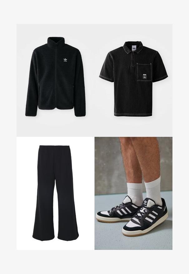 Schwarze Fleecejacke mit hohem Kragen, durchgehendem Reißverschluss und Fronttaschen. Verfügt über strukturiertes Material und ein kleines weißes Logo auf der linken Brust.; Schwarzes kurzärmeliges Poloshirt mit einem Frontreißverschluss, weißen vertikalen Streifen, Brusttasche mit kleinem Logo und strukturiertem Stoff.; Weekday GABRIEL LOOSE TROUSERS - Stoffhose - black; Schwarz-weiße Sneaker mit einem Obermaterial aus Wildleder und Leder, ausgestattet mit drei weißen Streifen, einer perforierten Zehenpartie und einer Sohle aus Gummi.