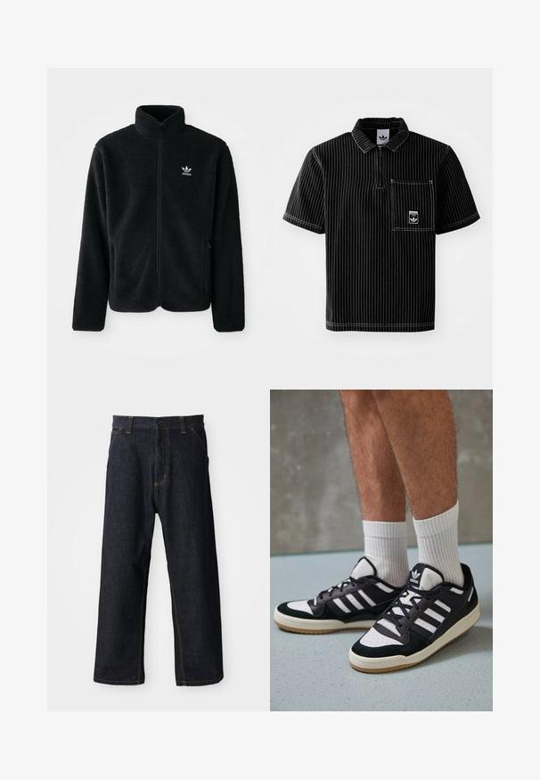 Czarna polarowa kurtka z wysokim kołnierzem, zamek z przodu i kieszeniami z przodu. Posiada teksturowany materiał i małe białe logo na lewej piersi.; Czarna krótka koszulka polo z zamkiem z przodu, białe pionowe paski, kieszeń na piersi z małym logo i teksturowana tkanina.; Granatowe dżinsy o prostym kroju nogawek, z żółtymi przeszyciami, kieszeniami z przodu i zapięciem na guzik w talii.; Czarno-białe sneakersy z zamszową i skórzaną cholewką, z trzema białymi paskami, perforowanym czubkiem i gumową podeszwą w kolorze gumy.