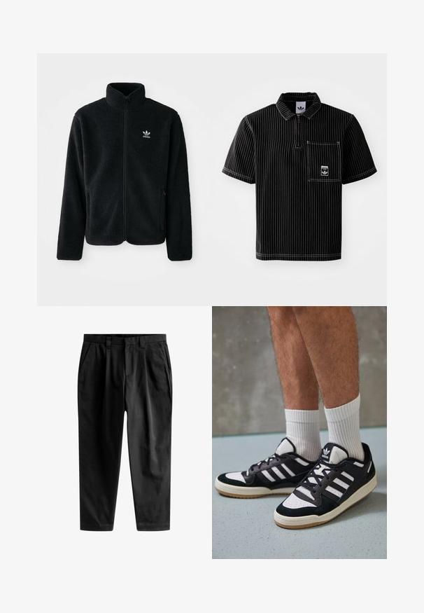 Schwarze Fleecejacke mit hohem Kragen, durchgehendem Reißverschluss und Fronttaschen. Verfügt über strukturiertes Material und ein kleines weißes Logo auf der linken Brust.; Schwarzes kurzärmeliges Poloshirt mit einem Frontreißverschluss, weißen vertikalen Streifen, Brusttasche mit kleinem Logo und strukturiertem Stoff.; Schwarze Hosen aus glattem Stoff, mit tailliertem Schnitt, vorderen Falten und einem klassischen Bund mit Gürtelschlaufen.; Schwarz-weiße Sneaker mit einem Obermaterial aus Wildleder und Leder, ausgestattet mit drei weißen Streifen, einer perforierten Zehenpartie und einer Sohle aus Gummi.