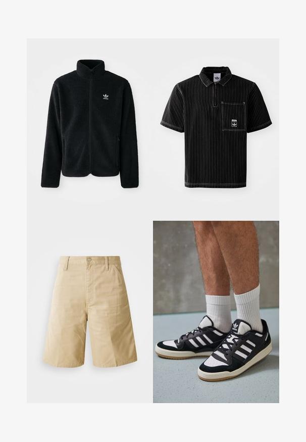 Black fleece jacket with high collar, zip front, and front pockets. Features textured fabric and small white logo on left chest.; Black short-sleeve polo shirt with a front zipper, white vertical stripes, chest pocket with small logo, and textured fabric.; Beige cotton shorts with a straight cut, featuring a button closure, zip fly, and side pockets. Smooth texture and pleated front detail.; Black and white sneakers with a suede and leather upper, featuring three white stripes, a perforated toe, and a gum rubber sole.