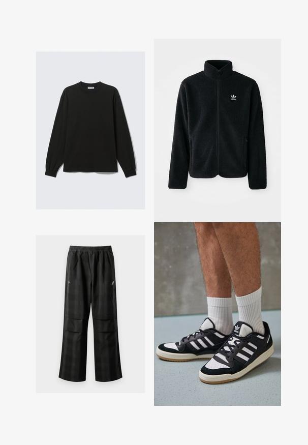 Zwarte fleece jacket met hoge kraag, ritssluiting aan de voorkant en voorzakken. Kenmerkt zich door textuurstof en een klein wit logo op de linkerborst.; Zwart katoenen T-shirt met lange mouwen, voorzien van een ronde halslijn en geribbelde manchetten, met een rechte zoom en minimale steekdetails.; Zwarte geruite broek met een elastische tailleband, twee voorzakken en een losse pasvorm met een rechte pijpdesign. Gemaakt van lichtgewicht materiaal.; Zwart-witte sneakers met een bovenwerk van suede en leer, voorzien van drie witte strepen, een geperforeerde neus en een rubberen gumzool.
