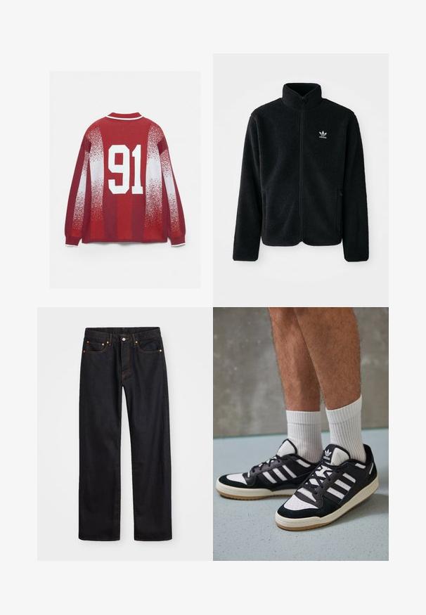 Musta fleece-takki, jossa on korkea kaulus, vetoketjusuljenta ja etutaskut. Käyttää teksturoitua kangasta ja siinä on pieni valkoinen logo vasemmassa rinnassa.; Punainen pusero, jossa on valkoinen raidoitettu kaulus, haalistuvia valkoisia kuvioita ja suuri valkoinen '91' painettuna selkään.; Miestne čierne rovné džínsy so štyrmi vreckami a oranžovým šitím, zapínanie na gombík a zips na prednom pásku.; Valkoiset ja mustat tennarit, joissa on mokkanahka- ja nahkapäällinen, kolme valkoista raitaa, rei'itetty kärki ja kumipohja.