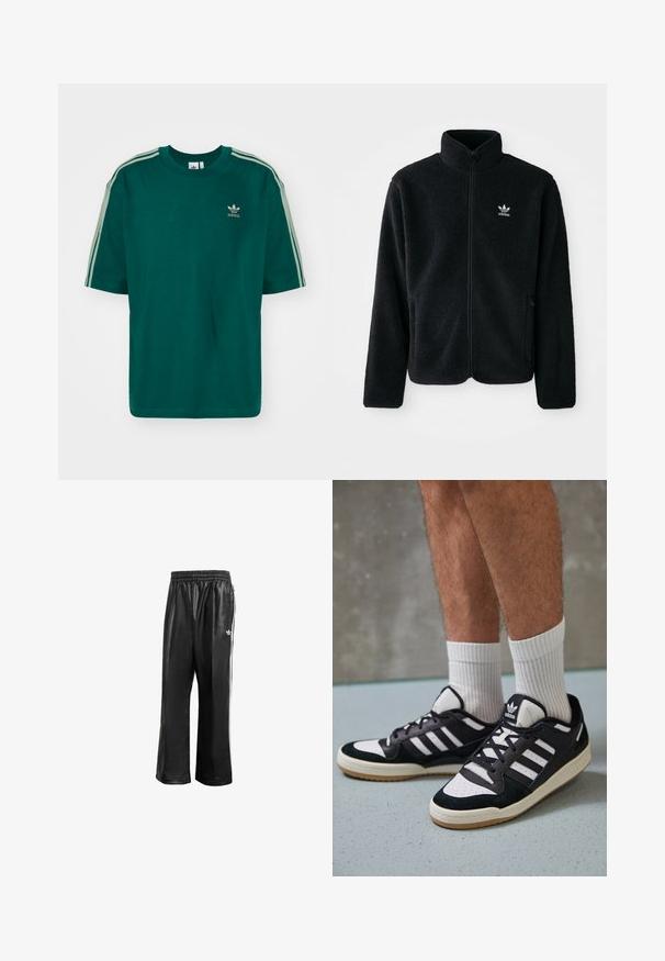 Juodas fliso džemperis su aukštu apykakle, užtrauktuku priekyje ir priekinėmis kišenėmis. Ypatybės: tekstūruota medžiaga ir mažas baltas logotipas kairėje krūtinės pusėje.; Žalias medvilninis marškinėliai su apvaliu kaklu ir trumpomis rankovėmis. Tris baltas juosteles palei pečius. Yra mažas logotipas ant krūtinės.; Juodos sintetinių medžiagų treniruočių kelnės su elastingu juosmeniu, su baltomis šoninėmis juostelėmis ir mažuoju baltu logotipu kairėje klubo pusėje.; Juodos ir baltos sportinės bateliai su zomšiniu ir odiniu viršumi, su trimis baltomis juostelėmis, perforuota koja ir guminėmis padais.