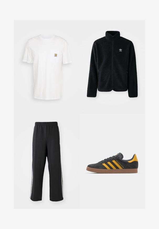 Czarna polarowa kurtka z wysokim kołnierzem, zamek z przodu i kieszeniami z przodu. Posiada teksturowany materiał i małe białe logo na lewej piersi.; Biała bawełniana koszulka z krótkim rękawem, kieszonką na piersi i małą kwadratową naszywką logo w pomarańczowym i białym kolorze na kieszeni.; Czarna dresowa spodnie z elastycznym paskiem w talii, z białymi paskami po bokach i luźnym krojem. Wykonane z miękkiego, elastycznego materiału.; Czarne zamszowe sneakersy z żółtymi akcentami, z trzema paskami i brązową gumową podeszwą. Posiadają wyściełany język dla większego komfortu.