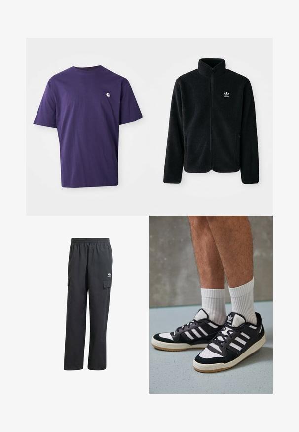 Svart fleecejakke med høy krage, glidelås foran og frontlommer. Har strukturert stoff og liten hvit logo på venstre bryst.; Lilla bomulls t-skjorte med rund hals, korte ermer, og en liten hvit logo på venstre bryst. Glatt tekstur, avslappet passform.; Sorte cargo-bukser med elastisk linning, to sidelommer og en subtil logo på venstre lår. Fremstillet af et letvægtsstof.; Sorte og hvite sneakers med overdel i semsket skinn og lær, med tre hvite striper, perforert tå og en såle av gummi.