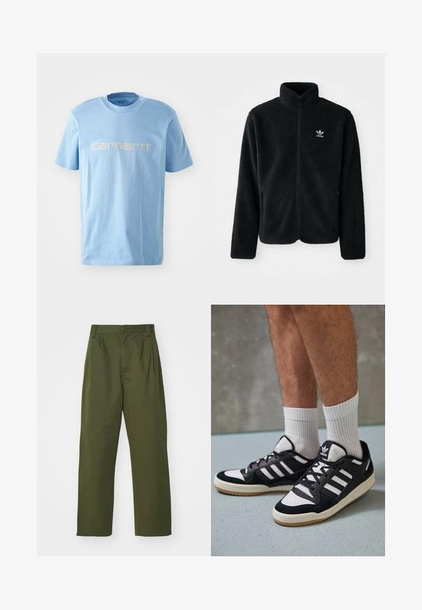 Svart fleecejakke med høy krage, glidelås foran og frontlommer. Har strukturert stoff og liten hvit logo på venstre bryst.; Lys blå bomulls t-skjorte med rund hals og korte ermer. Viser "carhartt"-logoen i hvitt over brystet.; Olivenfargede, høy midje-bukser med rette bein. Laget av et lett stoff, med frontfolder og knappelukking.; Sorte og hvite sneakers med overdel i semsket skinn og lær, med tre hvite striper, perforert tå og en såle av gummi.