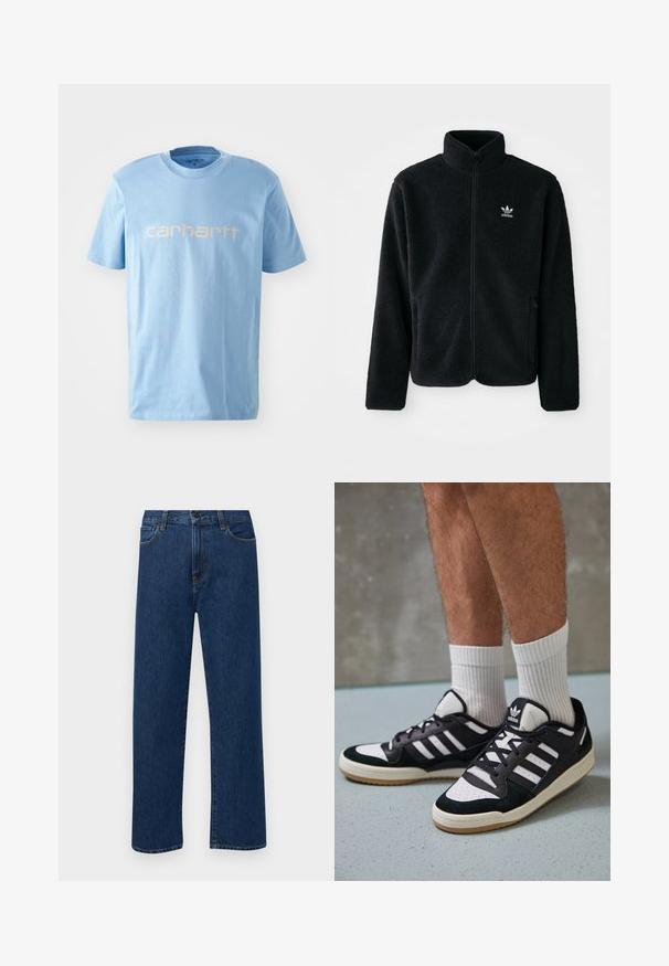 Zwarte fleece jacket met hoge kraag, ritssluiting aan de voorkant en voorzakken. Kenmerkt zich door textuurstof en een klein wit logo op de linkerborst.; Lichtblauwe katoenen t-shirt met een ronde hals en korte mouwen. Toont het "carhartt" logo in het wit over de borst.; Donkerblauwe rechte denim jeans met frontzakken en een knoopsluiting, weergegeven op een effen witte achtergrond.; Zwart-witte sneakers met een bovenwerk van suede en leer, voorzien van drie witte strepen, een geperforeerde neus en een rubberen gumzool.