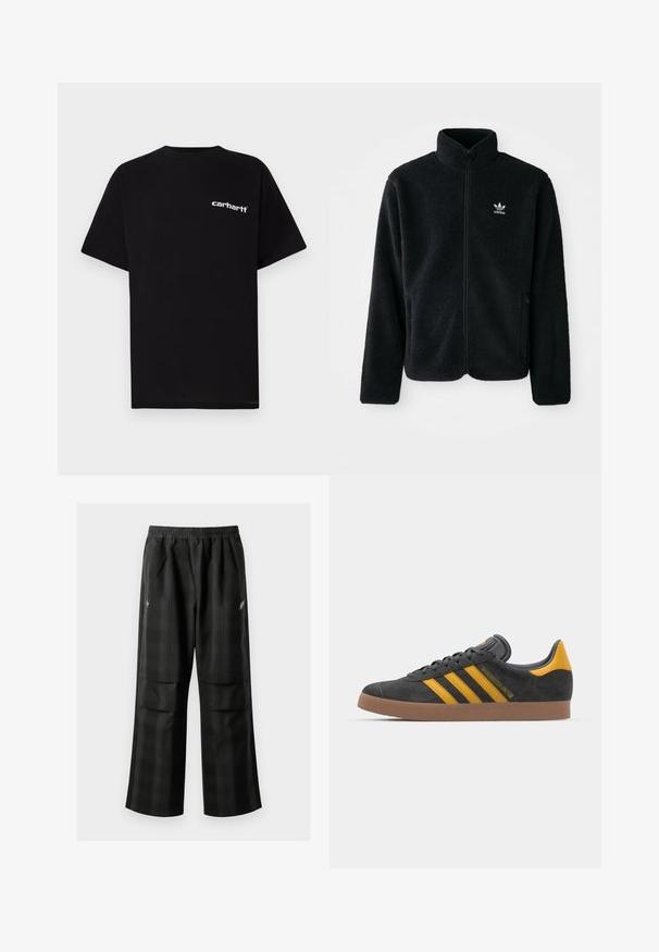 Black fleece jacket with high collar, zip front, and front pockets. Features textured fabric and small white logo on left chest.; Black cotton t-shirt with short sleeves, crew neckline, and white "Carhartt" logo on the left chest. Smooth texture, minimal design.; Black plaid pants featuring an elastic waistband, two front pockets, and a loose fit with a straight leg design. Made from lightweight material.; Black suede sneaker with yellow accents, featuring three stripes and a brown rubber sole. Includes a padded tongue for comfort.