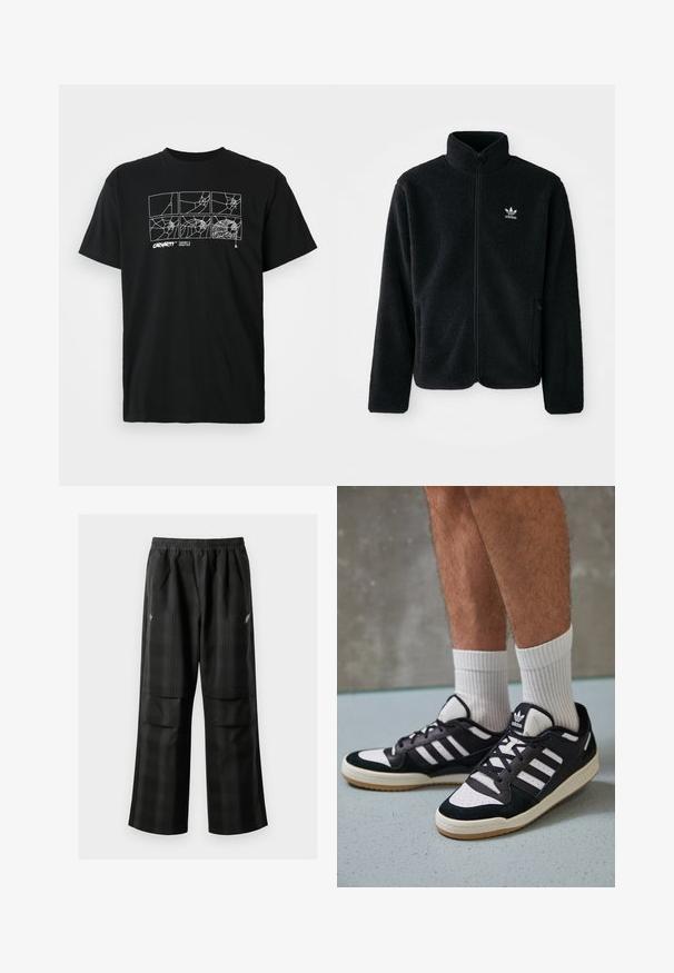 Zwarte fleece jacket met hoge kraag, ritssluiting aan de voorkant en voorzakken. Kenmerkt zich door textuurstof en een klein wit logo op de linkerborst.; Zwart katoenen T-shirt met een grafisch ontwerp van spinnenwebben in witte lijntekeningen op de borst. Korte mouwen en een ronde halsontwerp.; Zwarte geruite broek met een elastische tailleband, twee voorzakken en een losse pasvorm met een rechte pijpdesign. Gemaakt van lichtgewicht materiaal.; Zwart-witte sneakers met een bovenwerk van suede en leer, voorzien van drie witte strepen, een geperforeerde neus en een rubberen gumzool.