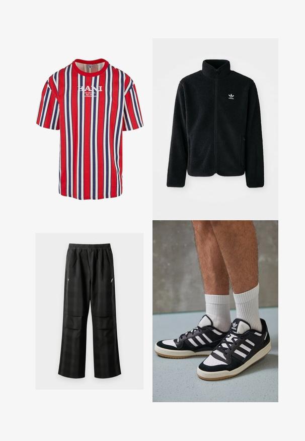 Črna flis jakna z visokim ovratnikom, z zadrgo spredaj in sprednjimi žepi. Ima strukturno blago in majhno belo logo na levi strani prsnega koša.; Rdeča, modra in bela črtasta majica s kratkimi rokavi in okroglim izrezom. V središču se nahaja belo KANI logotip. Narejena iz bombaža.; Črne karirane hlače z elastičnim pasom, dvema sprednjima žepoma in ohlapnim krojem s pravimi nogavicami. Narejene so iz lahke tkanine.; Črno-bele superge z zgornjim delom iz usnja in nubuka, ki imajo tri bele črte, perforiran vrh prstov in podplat iz gume.