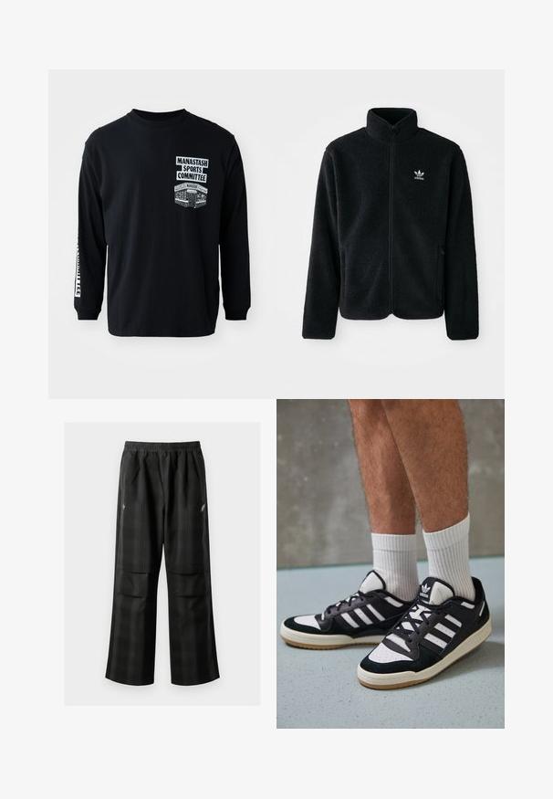 Chupa de forro polar negro con cuello alto, cierre frontal y bolsillos delanteros. Presenta tela texturizada y un pequeño logo blanco en el lado izquierdo del pecho.; Camiseta de manga larga negra con cuello redondo. Presenta gráficos impresos en blanco: "Comité Deportivo Manastash" y un diseño en el lado izquierdo del pecho.; Pantalones de cuadros negros con cintura elástica, dos bolsillos frontales y un ajuste holgado con diseño de pierna recta. Fabricados en material ligero.; Zapatillas en blanco y negro con parte superior de ante y cuero, que presentan tres franjas blancas, una puntera perforada y una suela de goma.