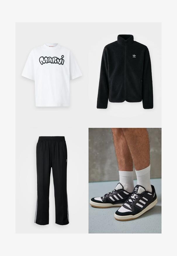 Černá fleecová bunda s vysokým límcem, předním zipem a předními kapsami. Disponuje strukturovanou tkaninou a malým bílým logem na levé hrudi.; Bílý krátký rukáv tričko s oversize střihem a černými tučnými bublinkovými písmeny, která na přední straně uprostřed hlásají "MARNI".; Černé sportovní kalhoty s elastickým pasem, s bílými bočními pruhy a malým logem. Materiál vypadá měkce a lehce.; Černobílé tenisky s vrchní částí z semišové a kožené kůže, včetně tří bílých pruhů, perforovaného špičky a podrážky z gumy.