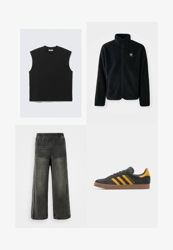 Sort fleecejakke med høj krave, lynlås foran og frontlommer. Har tekstureret stof og lille hvidt logo på venstre bryst.; Sort ærmeløs top lavet af blødt bomuldsstof, med rund halsudskæring og en boxy silhuet med rene kanter.; Sorte vaskede denimbukser med elastisk talje og brede ben, der har subtile lodrette sømdetaljer på siderne.; Sort suedet sneaker med gule accenter, der har tre striber og en brun gummisål. Inkluderer en polstret tunge for komfort.