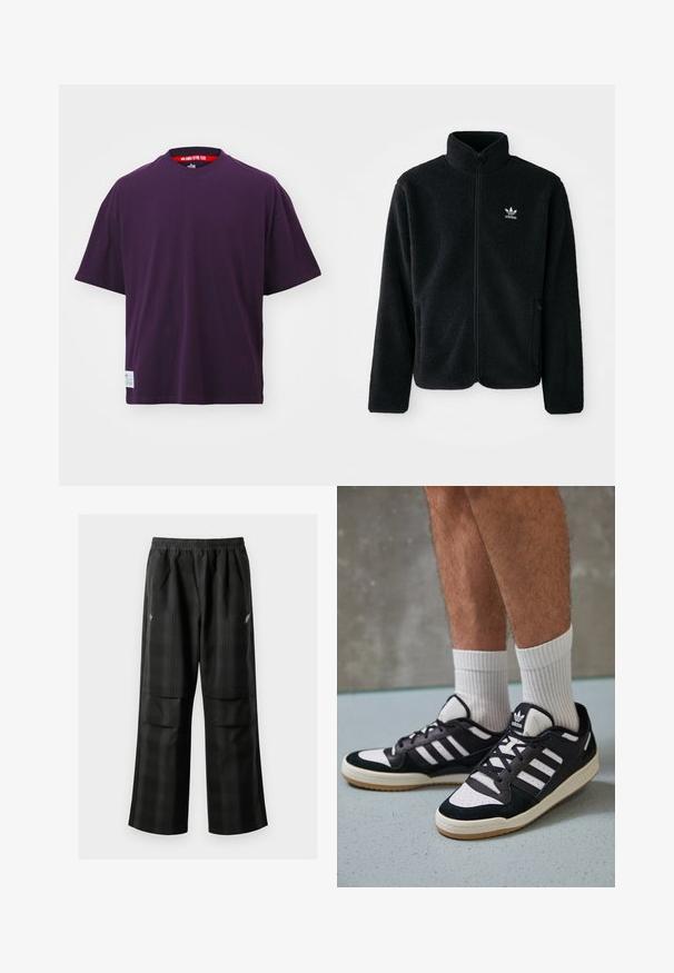 Černá fleecová bunda s vysokým límcem, předním zipem a předními kapsami. Disponuje strukturovanou tkaninou a malým bílým logem na levé hrudi.; Fialové tričko s krátkým rukávem vyrobené z bavlny. Má kulatý výstřih a štítek v levém dolním rohu. Hladký povrch a volný střih.; Černé kostkované kalhoty s elastickým pasem, dvěma předními kapsami a volným střihem se rovnými nohavicemi. Vyrobeny z lehkého materiálu.; Černobílé tenisky s vrchní částí z semišové a kožené kůže, včetně tří bílých pruhů, perforovaného špičky a podrážky z gumy.