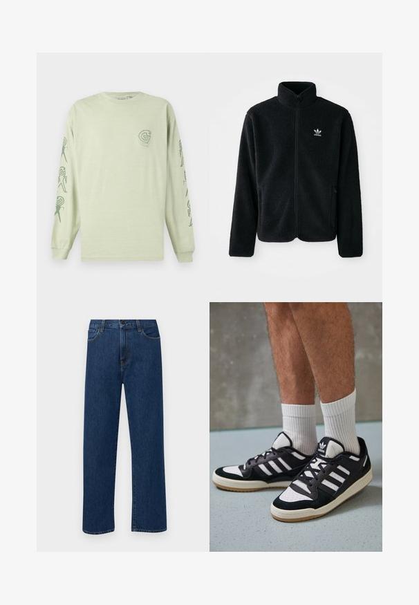 Svart fleecejakke med høy krage, glidelås foran og frontlommer. Har strukturert stoff og liten hvit logo på venstre bryst.; Langermet lysegrønn t-skjorte i bomull med en liten logo på brystet og abstrakte mønstre langs ermmene i mørkegrønn.; Mørkeblå rette jeans i denim med frontlommer og knappelukking, vist på en enkel hvit bakgrunn.; Sorte og hvite sneakers med overdel i semsket skinn og lær, med tre hvite striper, perforert tå og en såle av gummi.