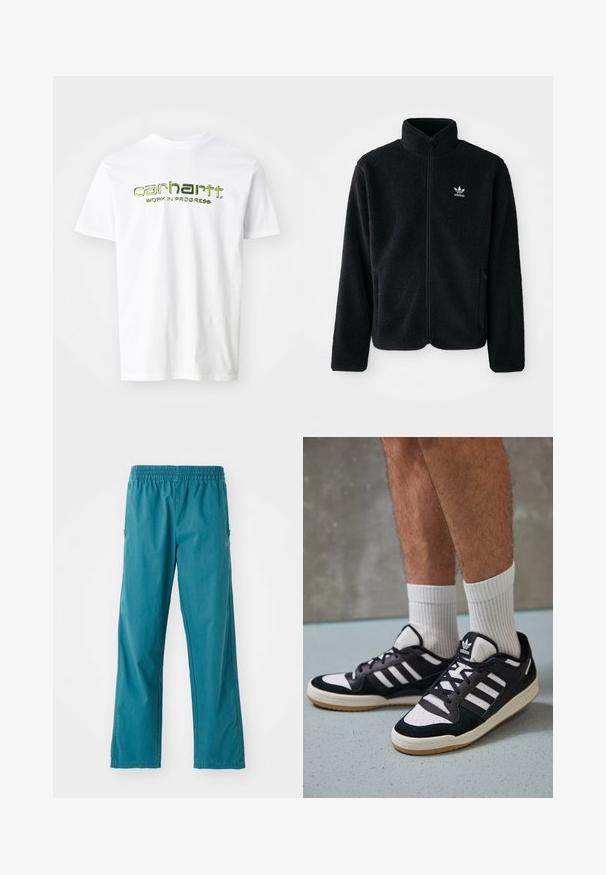 Crna fleec jakna s visokim ovratnikom, prednjim zatvaračem i prednjim džepovima. Ima teksturirani materijal i mali bijeli logo na lijevoj strani prsnog koša.; Bijela pamučna majica s kratkim rukavima s zelenim ispisom "carhartt. WORK IN PROGRESS" na prsima. Klasičan dizajn sa kružnim izrezom.; Hlače tirkizne boje napravljene od laganog materijala, s elastičnom trakom u struku i ravnim krojem, te bočnim džepovima.; Crne i bijele tenisice s gornjim dijelom od antilopa i kože, s tri bijele pruge, perforiranim prstom i gumiranim potplatom.