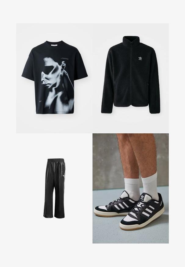 Svart fleecejakke med høy krage, glidelås foran og frontlommer. Har strukturert stoff og liten hvit logo på venstre bryst.; Svart bomull T-skjorte med et grafisk trykk av et ansikt i hvite og grå toner, med teksten "TRANSCENDENCE INTO HIGHER STATES" på brystet.; Sorte syntetiske treningsbukser med elastisk midje, som har hvite sidestreker og en liten hvit logo på venstre hofte.; Sorte og hvite sneakers med overdel i semsket skinn og lær, med tre hvite striper, perforert tå og en såle av gummi.