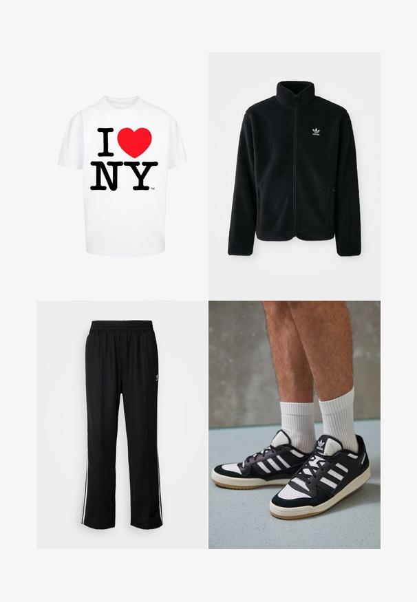Black fleece jacket with high collar, zip front, and front pockets. Features textured fabric and small white logo on left chest.; White cotton t-shirt with short sleeves featuring bold black text "I NY" and a red heart shape, standard crew neck design.; Black athletic pants with an elastic waistband, featuring white side stripes and a small logo. Material appears soft and lightweight.; Black and white sneakers with a suede and leather upper, featuring three white stripes, a perforated toe, and a gum rubber sole.
