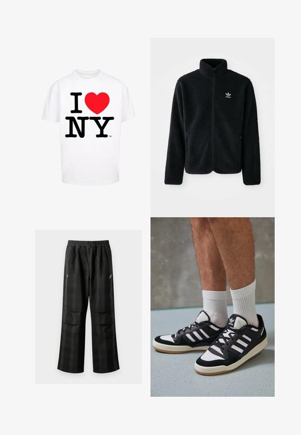 Schwarze Fleecejacke mit hohem Kragen, durchgehendem Reißverschluss und Fronttaschen. Verfügt über strukturiertes Material und ein kleines weißes Logo auf der linken Brust.; Weißes Baumwoll-T-Shirt mit kurzen Ärmeln, das auffälligen schwarzen Text "I NY" und ein rotes Herzsymbol zeigt, mit klassischem Rundhalsausschnitt.; Schwarze karierte Hosen mit elastischem Bund, zwei Fronttaschen und lockerer Passform im geraden Beinschnitt. Hergestellt aus leichtem Material.; Schwarz-weiße Sneaker mit einem Obermaterial aus Wildleder und Leder, ausgestattet mit drei weißen Streifen, einer perforierten Zehenpartie und einer Sohle aus Gummi.