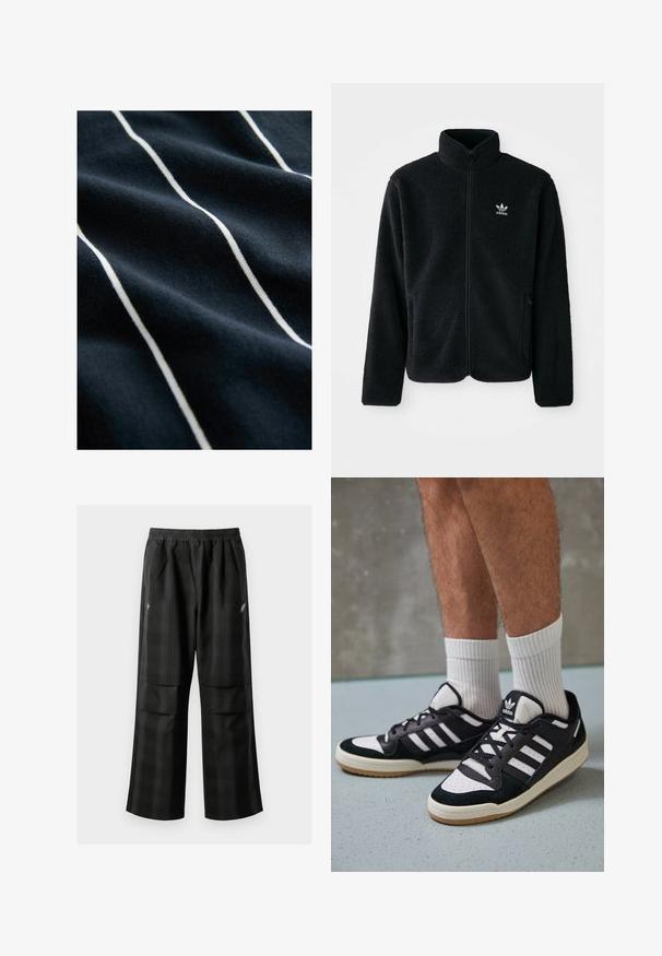 Must värviline fleecedee peasärk kõrge kraega, tõmblukuga esiosa ja esikotid. Omab tekstuuriga kangast ja väikest valget logo vasakul rinnal.; Tumesinine kangas valgete vertikaalsete triipudega, millel on sile tekstuur ja kerge läige, rõhutades triibustatud kujundust.; Mustas ruudulised püksid, millel on elastne vöökoht, kaks esimest taskut ja laiem lõige sirge jala disainiga. Valmistatud kergest materjalist.; Mustvalged ja valged spordijalatsid, mille pealmine osa on valmistatud suede'ist ja nahast. Kingadel on kolm valget riba, auguline varvas ja kummist tald.