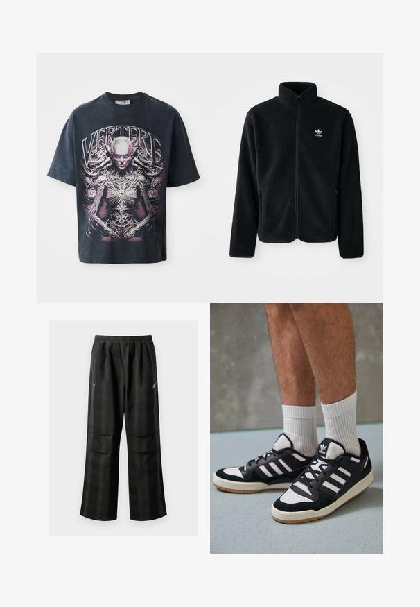 Melns flīsa mētelis ar augstu apkakli, ar rāvējslēdzēju priekšā un priekšējiem kabatām. Iezīmē ar teksturētu audumu un mazu baltu logo uz kreisā krūtīm.; Melnas grafiskās t-krekls, kas izgatavots no kokvilnas, ar lielu rozā un balto dizainu, attēlojošu humanoīdu figūru ar sarežģītām detaļām un tekstu "VERTERE."; Melnas kvadrātveida bikses ar elastīgu jostu, divām priekšējām kabatām un brīvu piegriezumu ar taisnām kājām. Izgatavotas no viegla materiāla.; Melnas un baltas kedas ar zamša un ādas augšdaļu, kas aprīkotas ar trim baltām svītrām, perforētu purngali un gumijas zolēm.