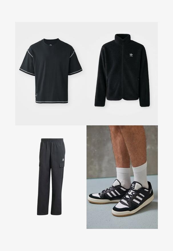 Chupa de forro polar negro con cuello alto, cierre frontal y bolsillos delanteros. Presenta tela texturizada y un pequeño logo blanco en el lado izquierdo del pecho.; Camiseta negra de corte holgado, hecha de algodón. Presenta mangas cortas, cuello redondo y pespuntes en blanco contrastante a lo largo de los hombros y el dobladillo.; Pantalones cargo negros con una cinturilla elástica, dos bolsillos laterales y un logo sutil en el muslo izquierdo. Fabricados con una tela ligera.; Zapatillas en blanco y negro con parte superior de ante y cuero, que presentan tres franjas blancas, una puntera perforada y una suela de goma.