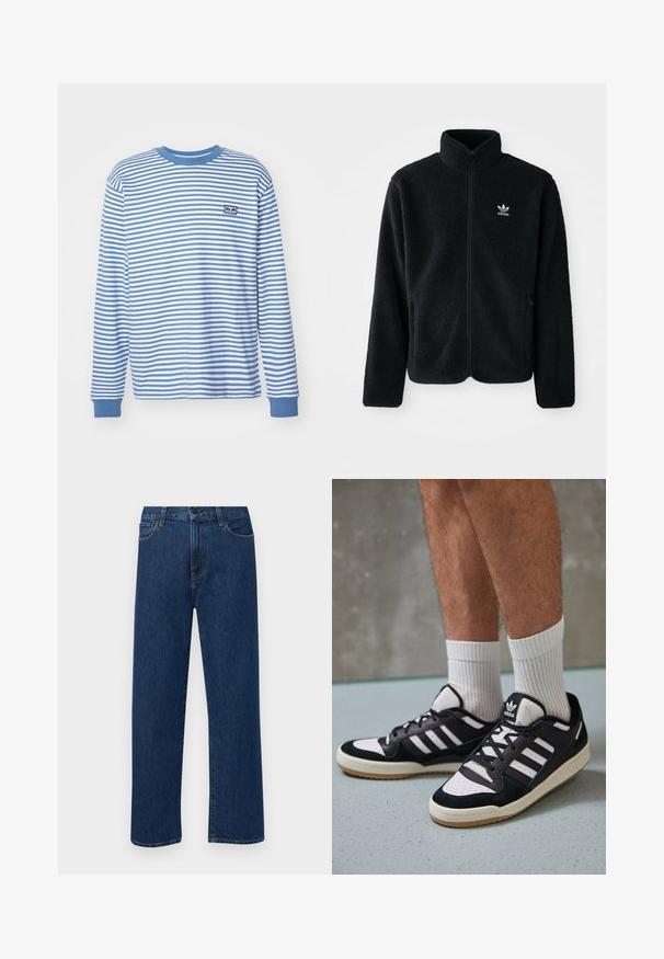 Čierna fleecová bunda s vysokým golierom, zipsom na prednej strane a prednými vreckami. Obsahuje textúrovanú tkaninu a malé biele logo na ľavej hrudi.; Obey Clothing ESTABLISHED WORKS EYES - Top s dlhým rukávom - coronet blue multi; Tmavomodré rovné rifľové nohavice s prednými vreckami a zapínaním na gombík, vystavené na jednoduchom bielom pozadí.; Čierno-biele tenisky s vrchom z semišu a kože, s troma bielymi pruhmi, perforovanou špičkou a gumovou podrážkou.