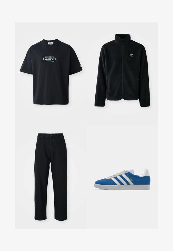 Casaco de fleece preto com gola alta, fecho de correr à frente e bolsos frontais. Apresenta um tecido texturizado e um pequeno logo branco no lado esquerdo do peito.; T-shirt de algodão preto com gola redonda, apresentando um design gráfico turquesa e texto na parte da frente. Mangas curtas e corte descontraído.; Calças de ganga pretas com corte reto. Apresentam um design clássico de cinco bolsos, fecho com botão e uma textura de tecido subtil.; adidas Originals ADIDAS GAZELLE SHOES - Botas de futebol de salão - real madrid/bluebird/footwear white/crew yellow