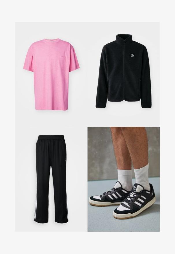 Casaco de fleece preto com gola alta, fecho de correr à frente e bolsos frontais. Apresenta um tecido texturizado e um pequeno logo branco no lado esquerdo do peito.; Carhartt WIP DUSTER SCRIPT - T-shirt básica - charm pink; Calças atléticas pretas com um cós elástico, apresentando riscas brancas laterais e um pequeno logótipo. O material parece macio e leve.; Ténis em preto e branco com upper em camurça e couro, apresentando três riscas brancas, um toe perfurado e uma sola em borracha de goma.