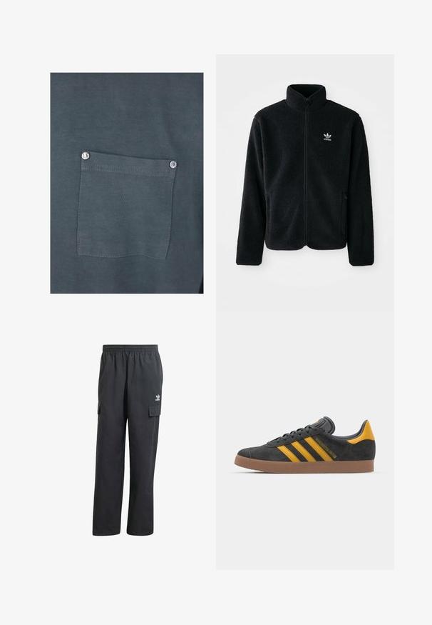 Fekete bolyhos dzseki magas gallérral, cipzáros elejével és elülső zsebeivel. Texturált anyaga és kis fehér logója van a bal mellen.; Sötét szürke pamut póló, elülső zsebbel, ezüst színű nyomógombbal és sima textúrával. A varrás részletei láthatók a zsebnél.; Fekete cargo nadrág rugalmas derekkal, két oldalsó zsebbel és egy diszkrét logóval a bal combon. Könnyű anyagból készült.; Fekete velúrbőr sportcipő sárga díszítéssel, három csíkkal és barna gumitalppal. Párnázott nyelvével a kényelem érdekében.