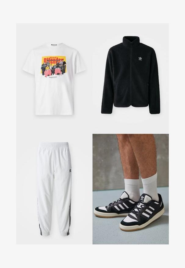 Čierna fleecová bunda s vysokým golierom, zipsom na prednej strane a prednými vreckami. Obsahuje textúrovanú tkaninu a malé biele logo na ľavej hrudi.; Biela bavlnená tričko s farebnou grafikou skupiny za stolom, s červenými kockovanými ubrusmi a textom "WEEKEND OFFENDER."; Biele športové nohavice s čiernymi bočnými pruhmi, elastickým pásom a manžetami; na ľavom stehne je logo Adidas. Hladká textúra látky.; Čierno-biele tenisky s vrchom z semišu a kože, s troma bielymi pruhmi, perforovanou špičkou a gumovou podrážkou.