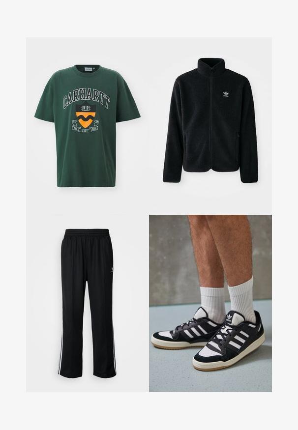 Zwarte fleece jacket met hoge kraag, ritssluiting aan de voorkant en voorzakken. Kenmerkt zich door textuurstof en een klein wit logo op de linkerborst.; Donkergroen katoenen t-shirt met een vet wit "CARHARTT" logo, een schildafbeelding in oranje en zwart, en korte mouwen.; Zwarte sportbroeken met een elastische tailleband, voorzien van witte zijkanten en een klein logo. Het materiaal lijkt zacht en lichtgewicht te zijn.; Zwart-witte sneakers met een bovenwerk van suede en leer, voorzien van drie witte strepen, een geperforeerde neus en een rubberen gumzool.