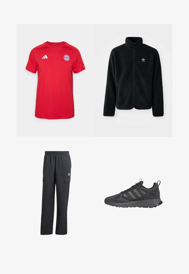 Melns flīsa mētelis ar augstu apkakli, ar rāvējslēdzēju priekšā un priekšējiem kabatām. Iezīmē ar teksturētu audumu un mazu baltu logo uz kreisā krūtīm.; Sarkans kokvilnas T-krekls ar īsām piedurknēm, apaļo kakla izgriezumu, balto adidas logotipu un FC Bayern Munich emblēmu uz krūtīm.; Melni cargo bikses ar elastīgu jostasvietu, divām sānu kabatām un diskrētu logotipu kreisajā augšstilbā. Izgatavotas no viegla auduma.; Melni sporta apavi ar acs auduma un zamšādas virspusi, teksturētu gumijas zoli, mīkstu apkakli un izteiksmīgu trīsošu dizainu pelēkā krāsā.