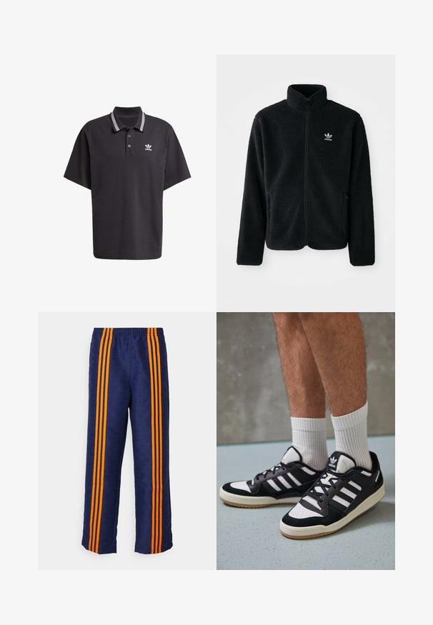 Črna flis jakna z visokim ovratnikom, z zadrgo spredaj in sprednjimi žepi. Ima strukturno blago in majhno belo logo na levi strani prsnega koša.; Črna polo srajca iz bombaža, z kratkimi rokavi, klasičnim ovratnikom z belimi črtami in majhnim belim Adidasovim logotipom na prsih.; Nadmornomodre hlače z vzorčasto teksturo po celotni površini, s tremi debelimi oranžnimi črtami ob straneh. Elastičen pas na vrhu.; Črno-bele superge z zgornjim delom iz usnja in nubuka, ki imajo tri bele črte, perforiran vrh prstov in podplat iz gume.